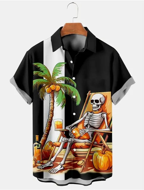 Camisa Havaiana Masculina 3D Skeleton Man Lapela Casual Arasco