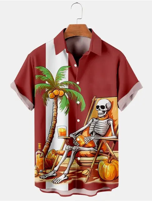 Camisa Havaiana Masculina 3D Skeleton Man Lapela Casual Arasco